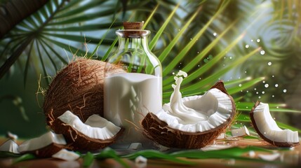 Canvas Print - Fresh coconut milk and a half eaten coconut, perfect for food and nutrition concepts