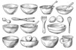 Drawing of various bowls and spoons, suitable for kitchen or cooking themes