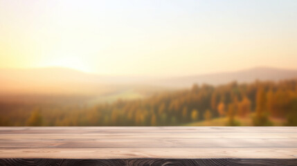 Wall Mural - Harmony of nature, natural wooden table as an ideal addition to the landscape, mockup, background for design, blurred