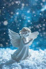 Sticker - A serene angel figurine standing in the snow, perfect for winter-themed designs