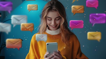 Happy young woman using her phone to interact with social media, surrounded by message bubbles and e-mails