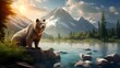 Wild brown bear in the mountains at sunset. 3d rendering.