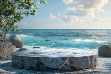 Wall Mural - Empty stone round podium and blur background of the tropical beach