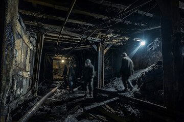 Wall Mural - Miners Descending Into The Depths of a Coal Mine, Their Headlamps Illuminating The Darkness, Capturing The Gritty Reality of Underground Mining, Generative AI