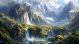 Fototapeta Natura - A cascading waterfall transforms into a veil of mist, capturing the ethereal beauty of nature's force and creating an atmospheric scene of tranquility and power