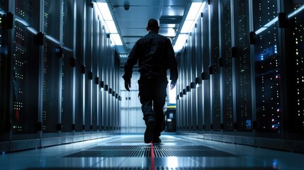 Wall Mural - A man walking through a server room. Suitable for technology concepts