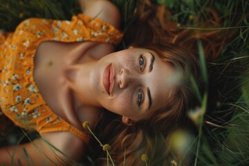 Canvas Print - A woman laying in the grass with her eyes closed. Suitable for relaxation and nature concepts