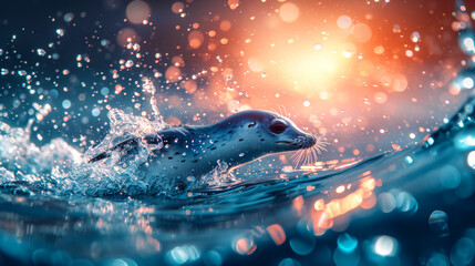  A burst of water erupts from a playful seal's splash, capturing the whimsical moment of marine life frolicking in the ocean, surrounded by sparkling droplets