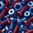 Colorful pop art background pattern of industrial nuts and bolts in red, blue and silver.