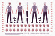 Retired old active senior man, classic outfit DIY character creation set. Elderly grandfather body figure parts. Head, leg, hand gestures, different emotions, construction kit. Vector illustration