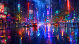 Fototapeta Nowy Jork - A rain shower transforms a city street into a canvas of reflected neon lights, each droplet a miniature prism, adding a surreal, magical dimension to the urban scenery