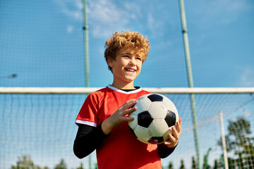 Wall Mural - A young boy stands in front of a soccer goal, holding a soccer ball with a determined expression. He is positioned for a kick, showcasing his love for the sport and his readiness to score a goal.