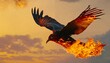 A flaming bird flies in the sky