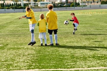 Wall Mural - A diverse group of young children, full of energy and enthusiasm, are actively participating in a game of soccer. 