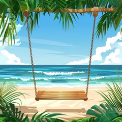 Canvas Print - Swing hanging from a palm tree on the beach. Suitable for vacation and relaxation concept