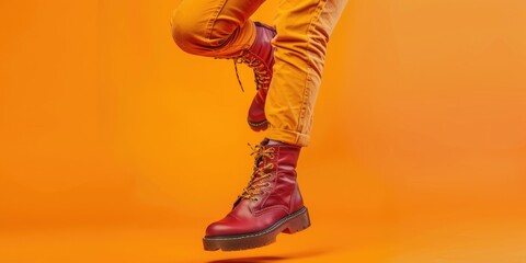 Wall Mural - A person wearing yellow pants and red boots. Suitable for fashion or outdoor activities