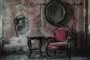 Wall Mural - A chair and a table in an old room. Ideal for interior design concepts