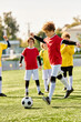 © LIGHTFIELD STUDIOS - A group of children energetically playing soccer on a vibrant green field, kicking the ball, running, laughing, and cheering each other on under the bright sun.