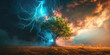 A striking image of lightning hitting a tree in a field. Perfect for illustrating the power of nature