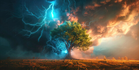 Canvas Print - a striking image of lightning hitting a tree in a field. perfect for illustrating the power of natur