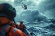Water rescue operation. A rescue helicopter flies up to a boat with people during a storm. Battling nature's fury, the helicopter hovers above, ready to pluck the stranded from the tempestuous sea.