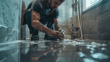 Wall Mural - A man cleaning a bathroom floor with a sponge. Suitable for household cleaning concepts