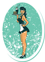 Wall Mural - distressed sticker tattoo in traditional style of a pinup waitress girl