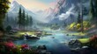 Beautiful panoramic landscape of a mountain river in the morning