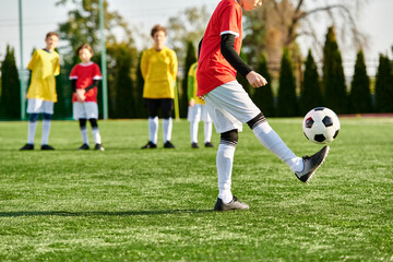 Wall Mural - A young boy energetically kicks a soccer ball on a vibrant green field, showcasing his passion for the sport and determination to hone his skills.