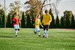 © LIGHTFIELD STUDIOS - A lively group of young children joyfully playing a game of soccer on a green field. They are running, kicking the ball, and shouting with excitement as they engage in friendly competition.