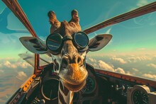 Giraffe In Pilot Goggles Peering Out Of Vintage Airplane Cockpit