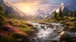 Beautiful panoramic landscape image of a mountain river at sunset