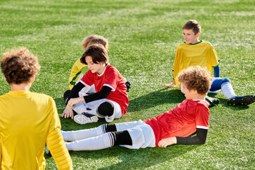 Wall Mural - A group of young children sits atop a vibrant green soccer field, chatting and laughing. 