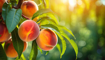 Wall Mural - Close-up of ripe and juicy peaches growing on branch with green leaves. Garden fruit tree