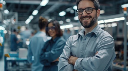 Sticker - A man standing with arms crossed in a factory. Suitable for industrial concepts