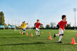 © LIGHTFIELD STUDIOS - A group of young boys are enthusiastically playing soccer on a lush green field. They are running, kicking, and passing the ball while displaying teamwork and sportsmanship.