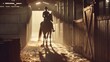 A person riding a horse in a barn. Suitable for equestrian and farm-related projects