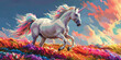 A pixel art unicorn galloping across a field of rainbow flowers