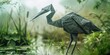 Over a realistic marshland, an origami heron glides silently, its long legs and neck elegantly folded, searching for fish in the shallow waters