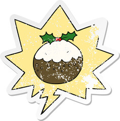 Sticker - cartoon christmas pudding with speech bubble distressed distressed old sticker