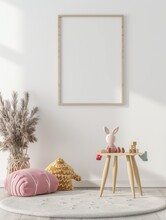 Bright Children Room With A Simple Blank Wall And One 2x3 Empty Picture Frame With White Background