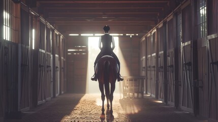 Wall Mural - Woman riding on the back of a brown horse, suitable for equestrian and outdoor activities concepts