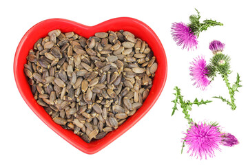 Seeds of a milk thistle or Silybum marianum, Scotch Thistle, Marian thistle in ceramic bowl with flower isolated on white background. Top view