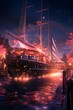 Sailing ship in the night city. Panoramic image.