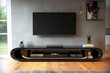© Chaiwiwat - Interior design of a black gloss floating shelf TV stand