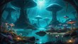 A fantastical landscape showing a serene alien forest with glowing mushroom-like trees towering over a still, reflective waterway under a starry sky.