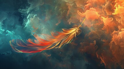 Wall Mural - Beautiful color feather on dark smoke background