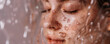 Young woman closed eyes dry skin face care with moisturizing nourishing serum molecules in the bath, close up banner.