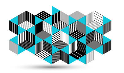 Blue vector abstract geometric background with cubes and different rhythmic shapes, isometric 3D abstraction art displaying city buildings forms look like, op art.