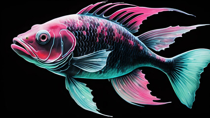 Wall Mural - A fluorescent fish swimming in the darkness of the ocean depths.